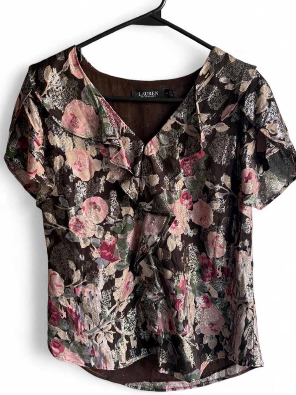 Lauren Ralph Lauren Drapey Jacquard Metallic Floral Blouse Size S